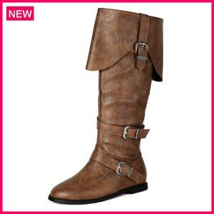 Knee High Flat Boots with Buckle Vintage Renaissance Cosplay Shoes